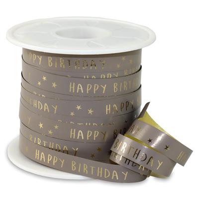 Luxe Krullint Happy Birthday Taupe/Goud – 10mm - Decoratielint