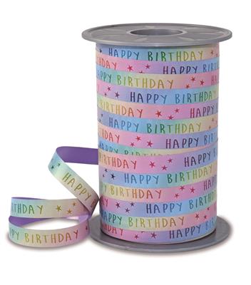 Luxe Krullint Happy Birthday Pastel Regenboog – 10mm - Decoratielint