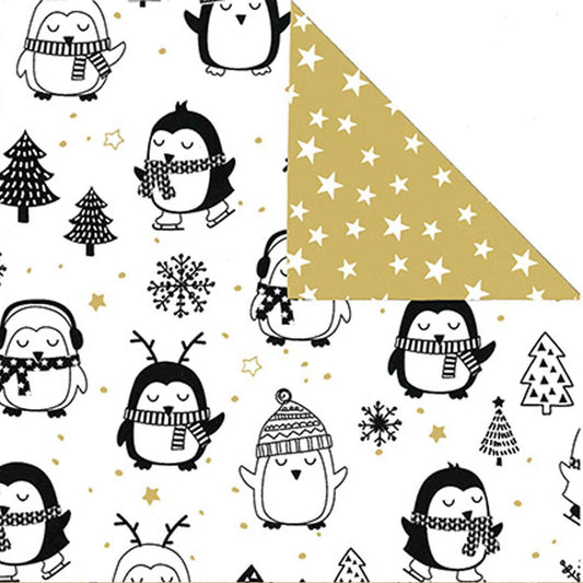 Kerstpapier Pinguins Wit-Goud - Kadopapier.net